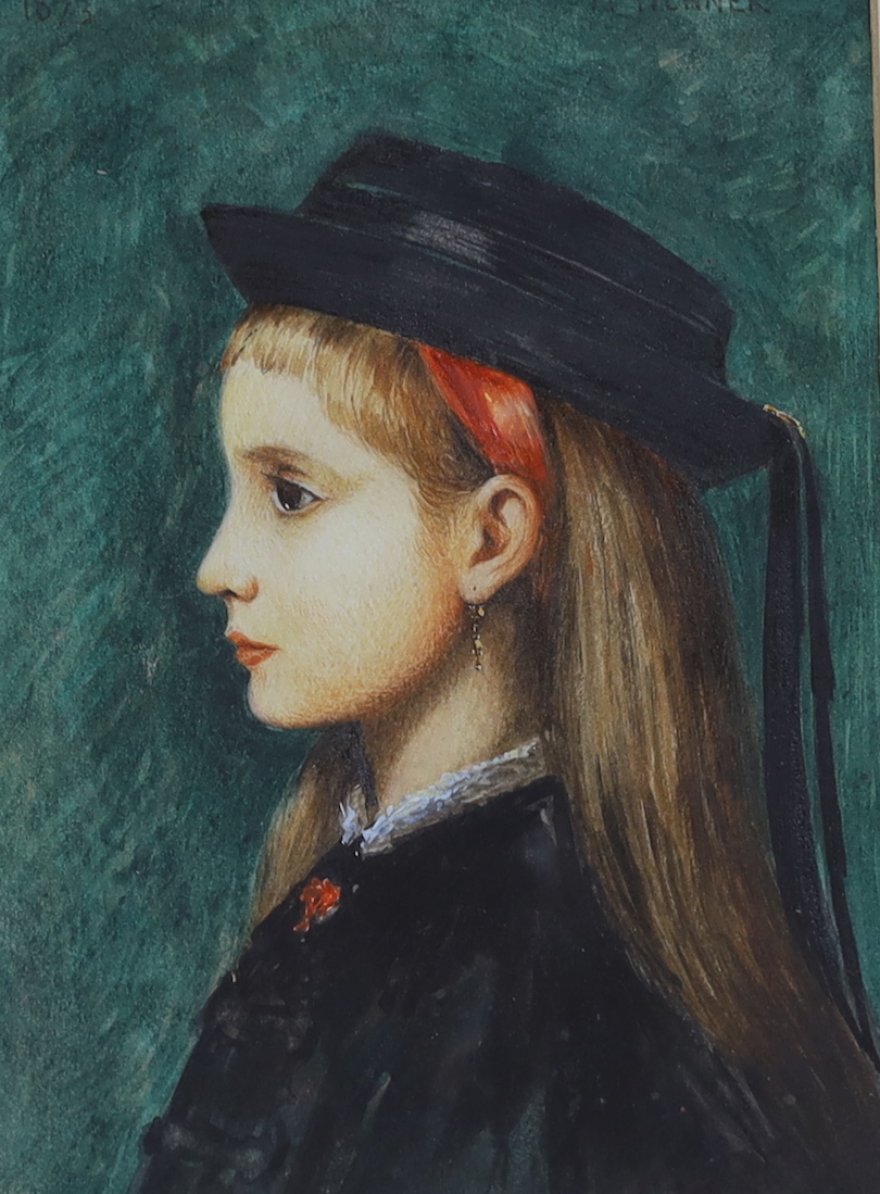 Five various paintings and prints including a mid Victorian watercolour portrait of a lady, a sanguine chalk study and a watercolour portrait of a young girl, indistinctly signed, possibly Henner, largest 49 x 33cm